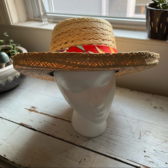 Raffia Straw Woven Tan Sun Hat with Tropical Band - Picture 6 of 13